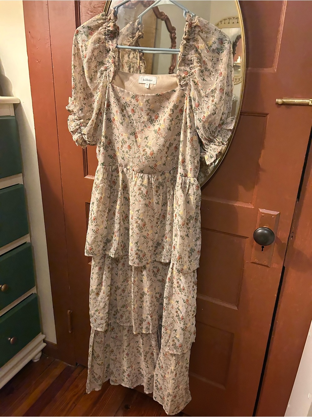 bohme Cream Floral Tiered Midi Dress with Puff Sleeves